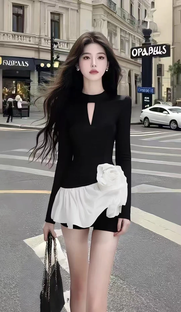 法式时尚新款轻奢气质女装黑色圆领长袖修身设计感显瘦连衣裙女