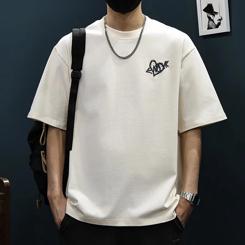 Cebrodz纯棉重磅男士短袖爱心刺绣t恤夏季新款潮牌简约休闲体恤男