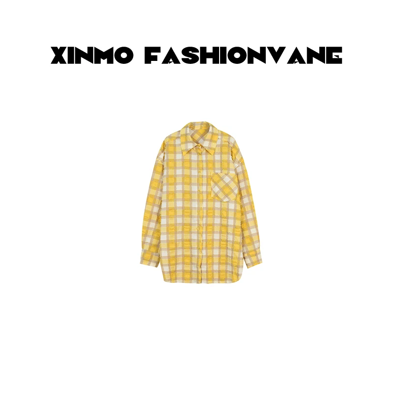 【XINMO】长袖宽松格子衬衫休闲设计感衬衣外套C03010514