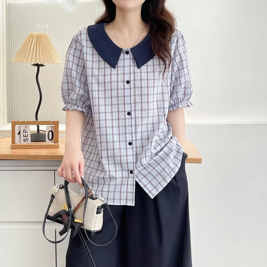 2025夏季新款娃娃领格子宽松显瘦百搭短袖衬衫女大码200斤胖m上衣