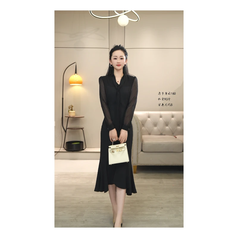 2025春秋新款连衣裙女洋气高端气质优雅不规则长袖雪纺鱼尾包臀裙