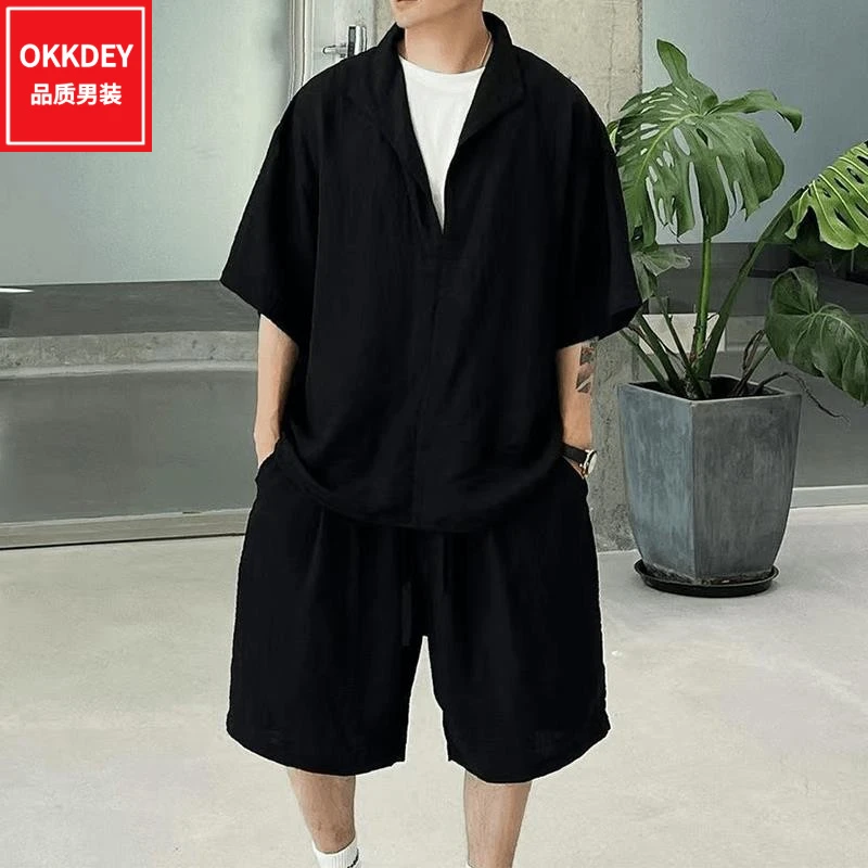 高级感潮流短袖衬衫男士休闲宽松短裤两件套夏季新款时尚痞帅套装