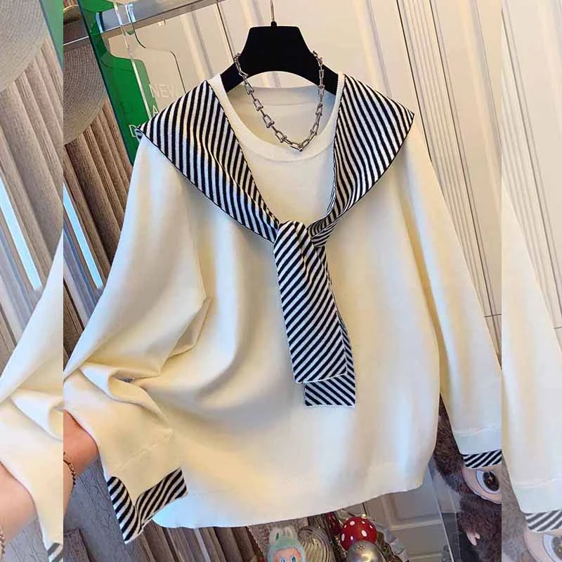 慵懒气质显瘦条纹披肩连帽针织衫女毛衣两件套春秋季大码宽松上衣