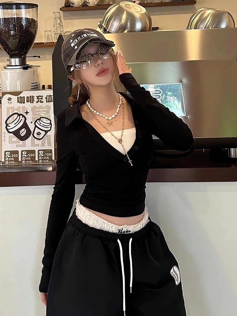 美式复古假两件v领长袖t恤女秋季黑色打底衫修身显瘦性感辣妹上衣