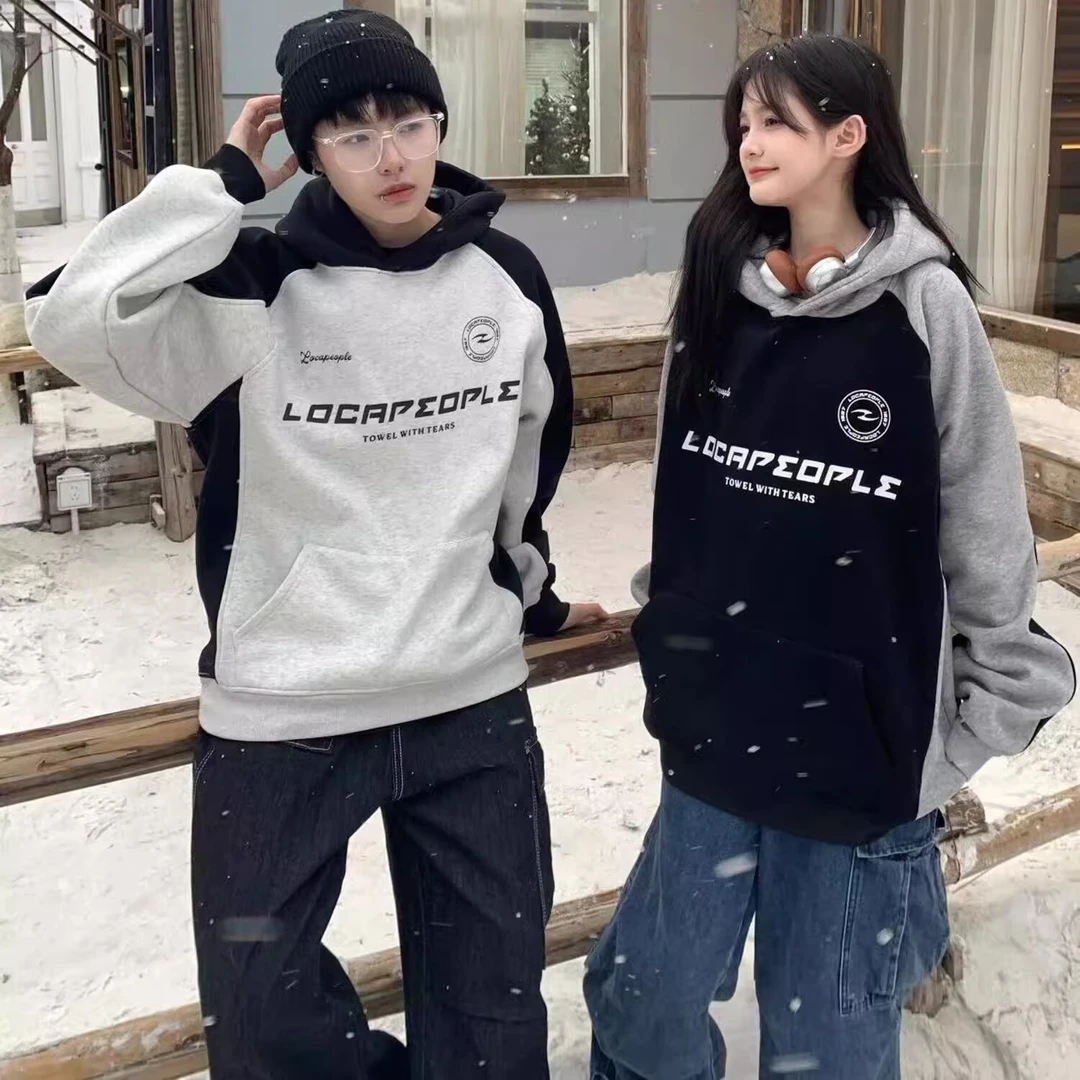 稻草人秋冬季新款拼色男女上衣卫衣外套休闲时尚印花加绒宽松连帽