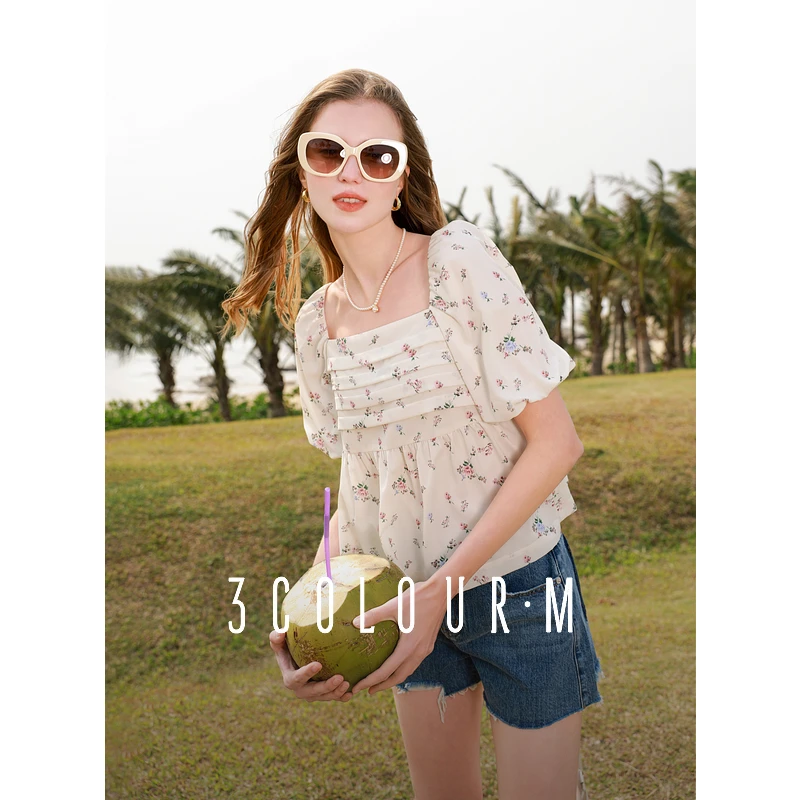 3582-D401EM102C20三彩2025春季新款碎花娃娃衫方领灯笼袖dbx