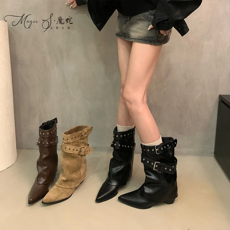 【万达撤柜】美式辣妹皮带扣裤管靴短筒靴女靴早秋小众设计短靴西部