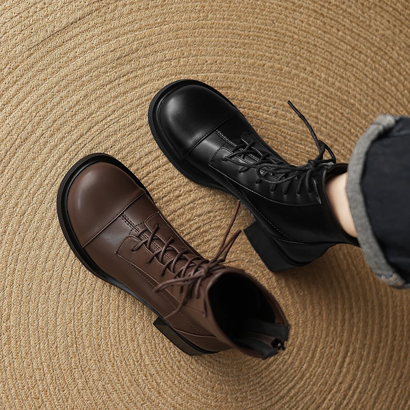 2025年新款真皮方头马丁靴女系带英伦风复古侧拉链短靴41-43大码