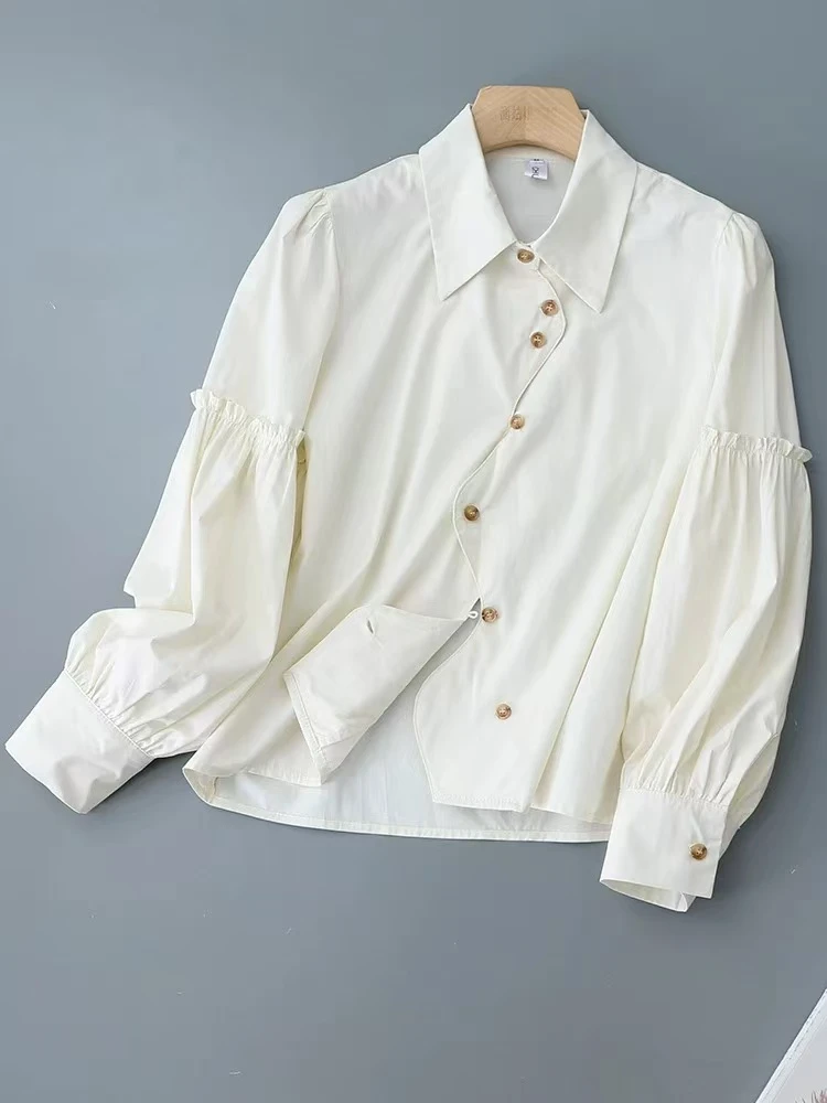 2164简约泡泡袖翻领气质时尚衬衫长袖宽松女装纽扣