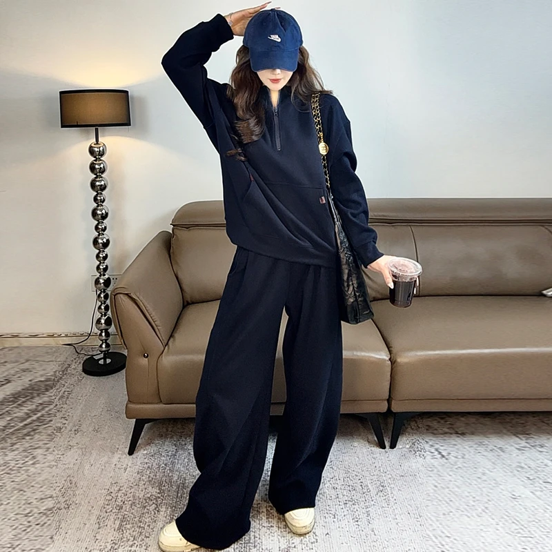 2025年秋冬新款休闲慵懒套装女连帽套头卫衣高腰显瘦直筒裤两件套