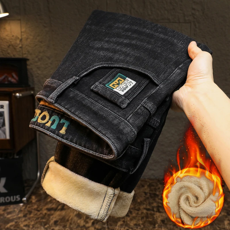 加绒加厚冬季牛仔裤男士潮流刺绣百搭休闲裤弹力修身直筒刺绣男裤