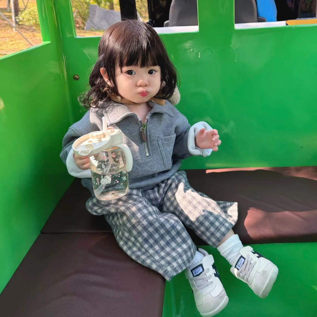 壹妈童装女童秋冬套装儿童加绒卫衣灰色时髦翻领卫衣百搭格子长裤