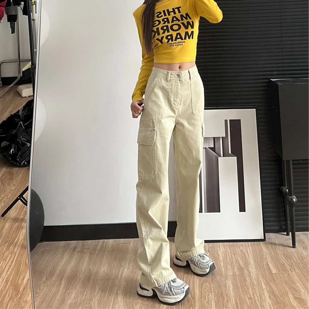 新2025高腰直筒工装裤女175高个子显瘦多美式街头拖地裤8333