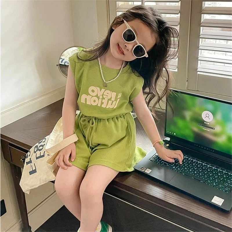 2025夏款韩版无袖套装女童套装新款华夫格字母无袖设计简单时尚