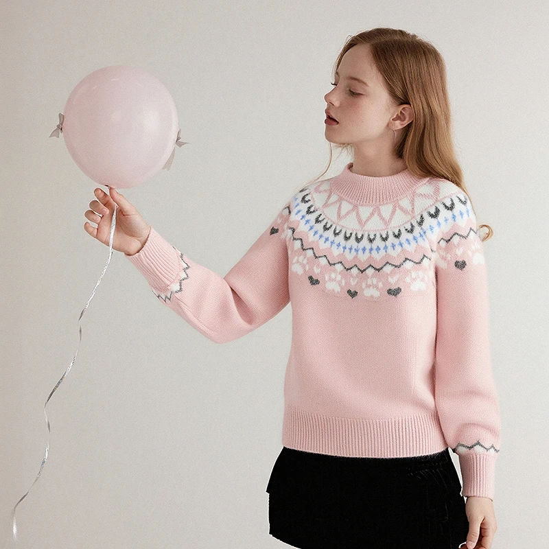 笛莎童装女童毛衣冬季新款儿童圆领针织衫费尔岛仿貂绒-9N2555502