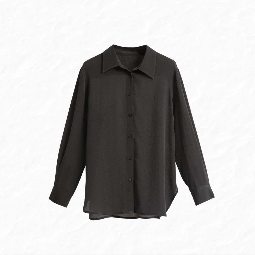 桑蚕丝鬼绉长袖洋气时尚百搭纯色休闲女士宽松衬衫LW 825157