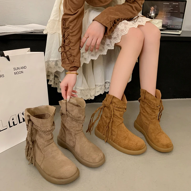 三福厚底勃肯鞋短靴女2025新款秋季百搭中筒靴子配裙子短筒瘦瘦靴