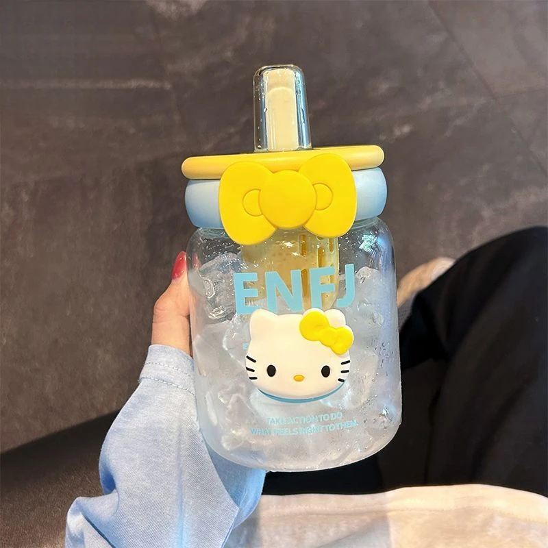 Kitty可爱玻璃杯带吸管女生高颜值桌面茶水分离泡果茶杯耐高温LX