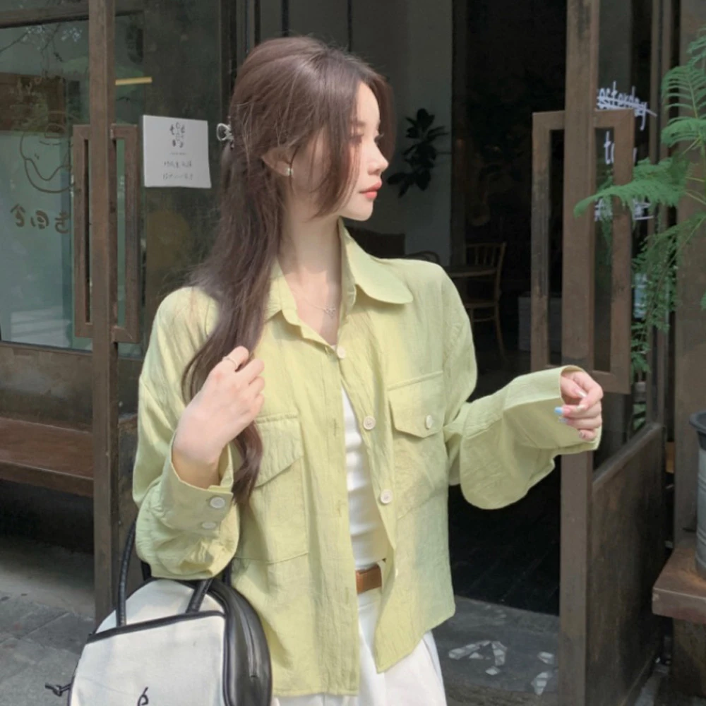 春夏短款设计感百搭绿色开衫薄款防晒衬衫外套宽松韩版上衣