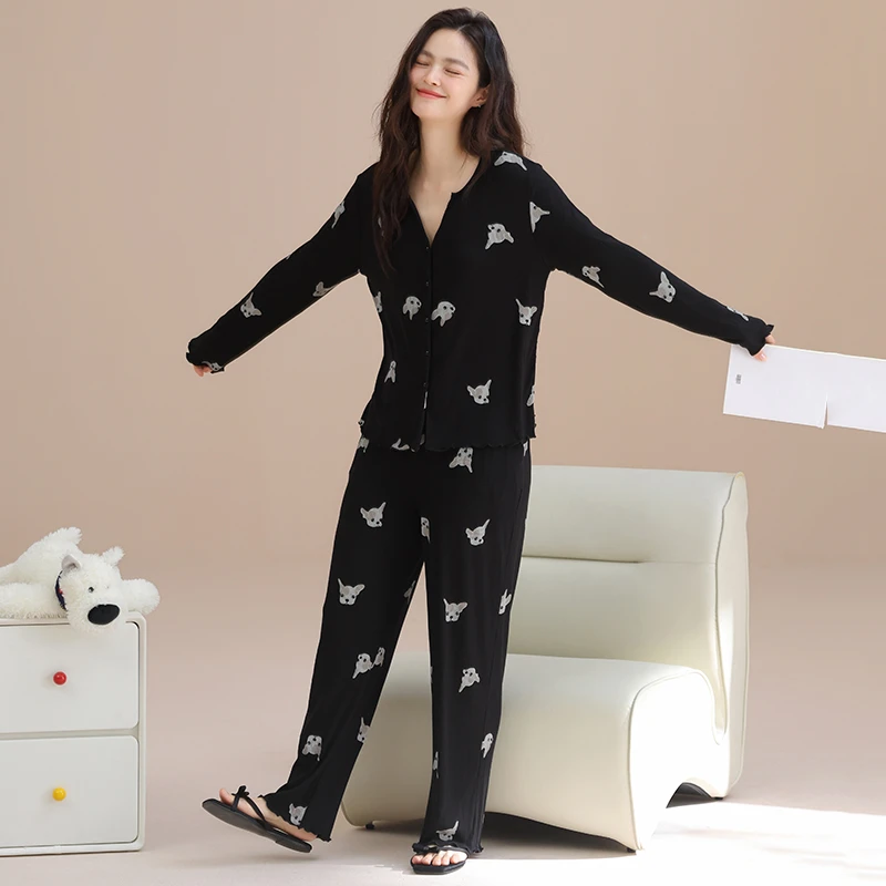 无领开衫睡衣女春秋款莫代尔长袖2025新款可爱卡通秋季家居服套装