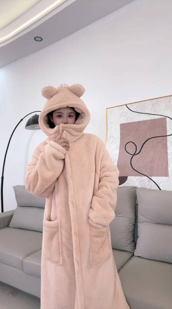 冬季加厚款可爱小熊睡衣睡袍家居服可外穿加厚加绒双层绒毛