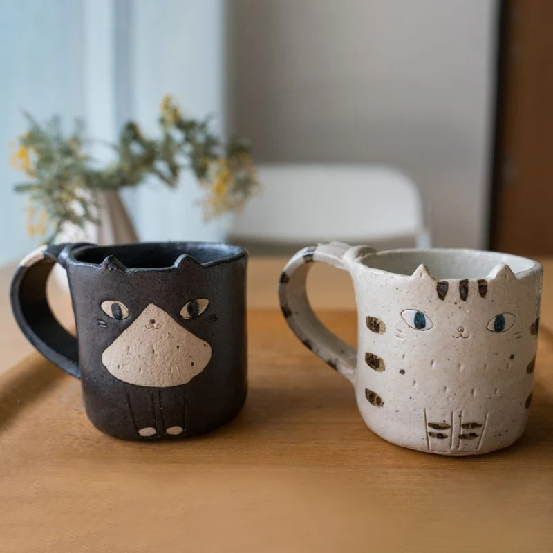 日本进口可爱猫咪马克杯日式粗陶复古咕噜猫水杯家用创意小盘子