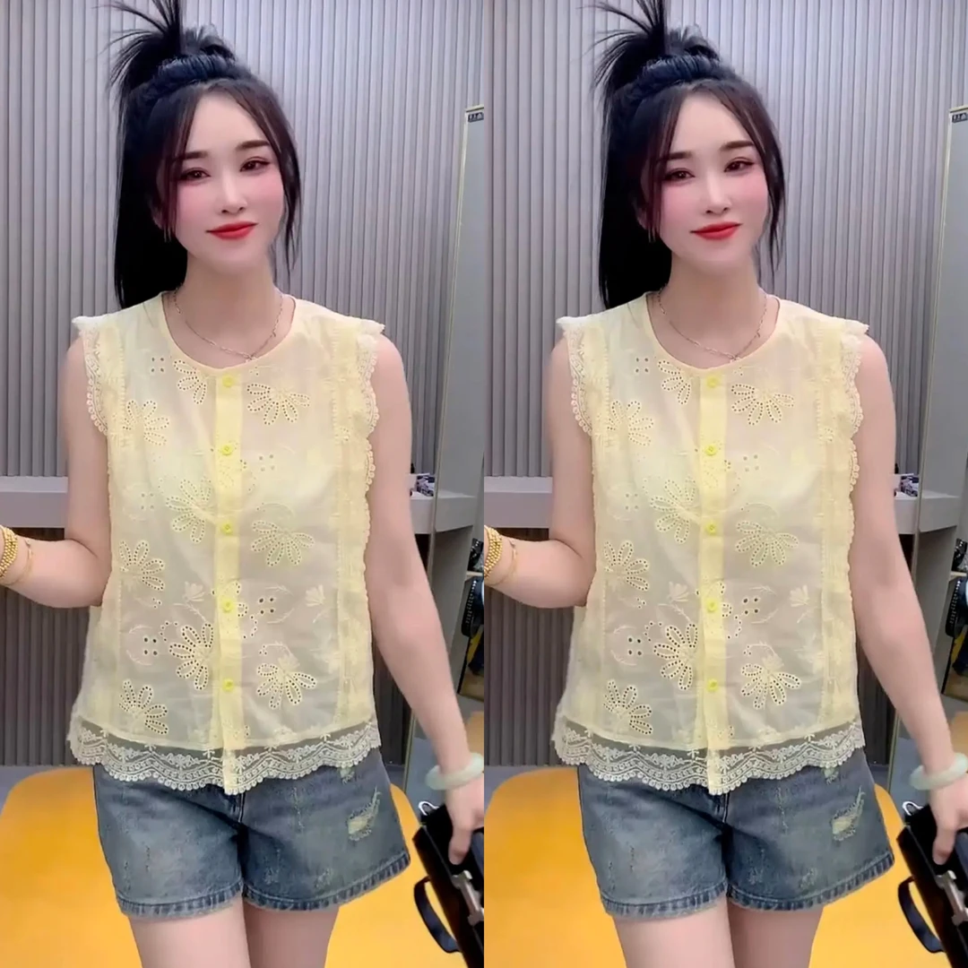 拼接衬衫女装镂空夏季小衫宽松型气质百搭时尚花边2025夏新款