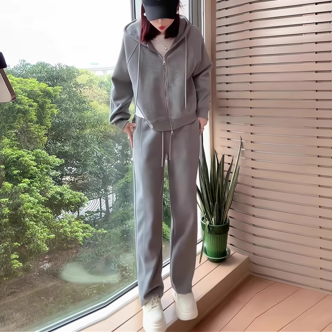 网红同款休闲时尚套装女春秋2025新款简约宽松灰色连帽卫衣两件套