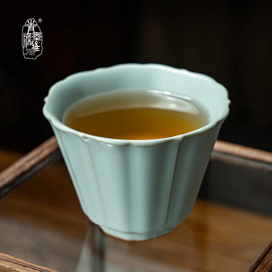 青澹墨雅汝窑茶杯锦葵杯开片品茗杯高端手工青瓷景德镇陶瓷主人杯