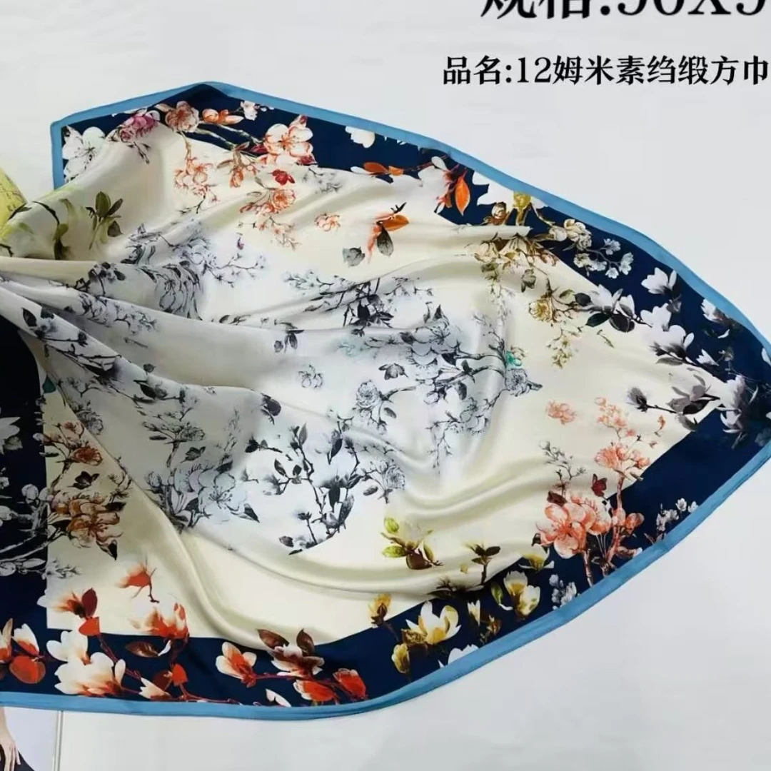 【红儿花开】新款桑蚕丝百搭方巾90*90蓝色薄款印花
