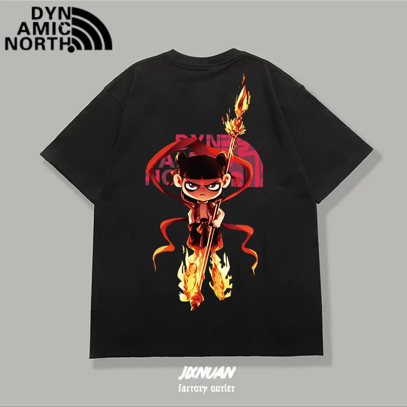 动感北面纯棉短袖T恤宽松百搭休闲印花国潮卡通动漫圆领上衣潮牌