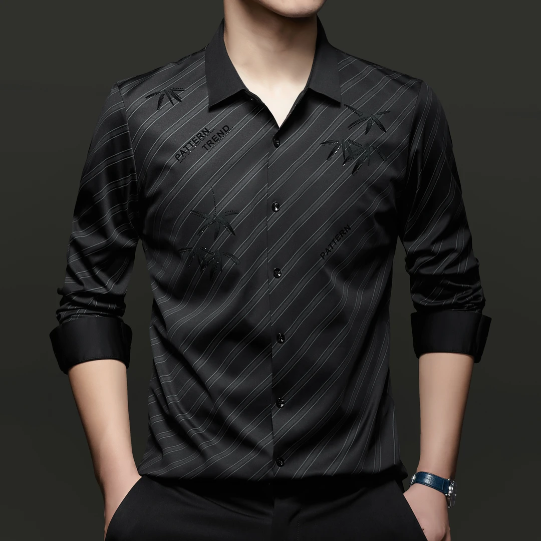 秋季商务休闲高档轻奢男士长袖衬衫弹力无痕条纹印花衬衣修身翻领