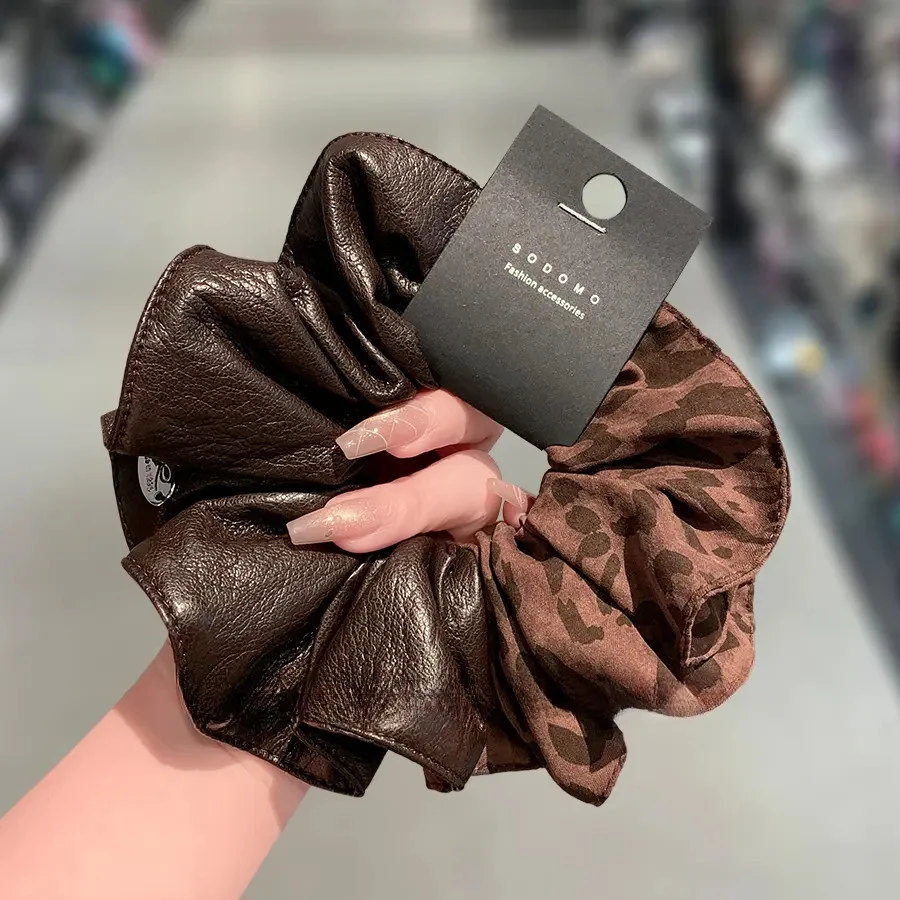 韩国新款豹纹皮质双拼色大肠发圈木耳边肥肠圈时尚头花发绳橡皮筋