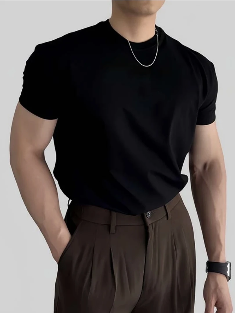 【重磅320g】正肩男士小领口微胖半袖贴身轻奢高级感黑夏季T上衣