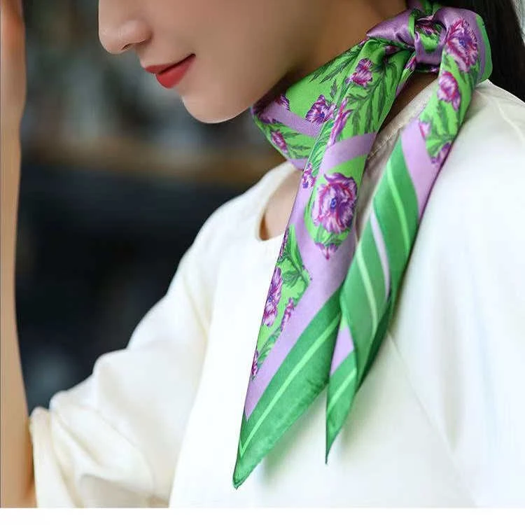 【春意盎然】65cm100％桑蚕丝12姆米素绉缎中方巾百搭围巾