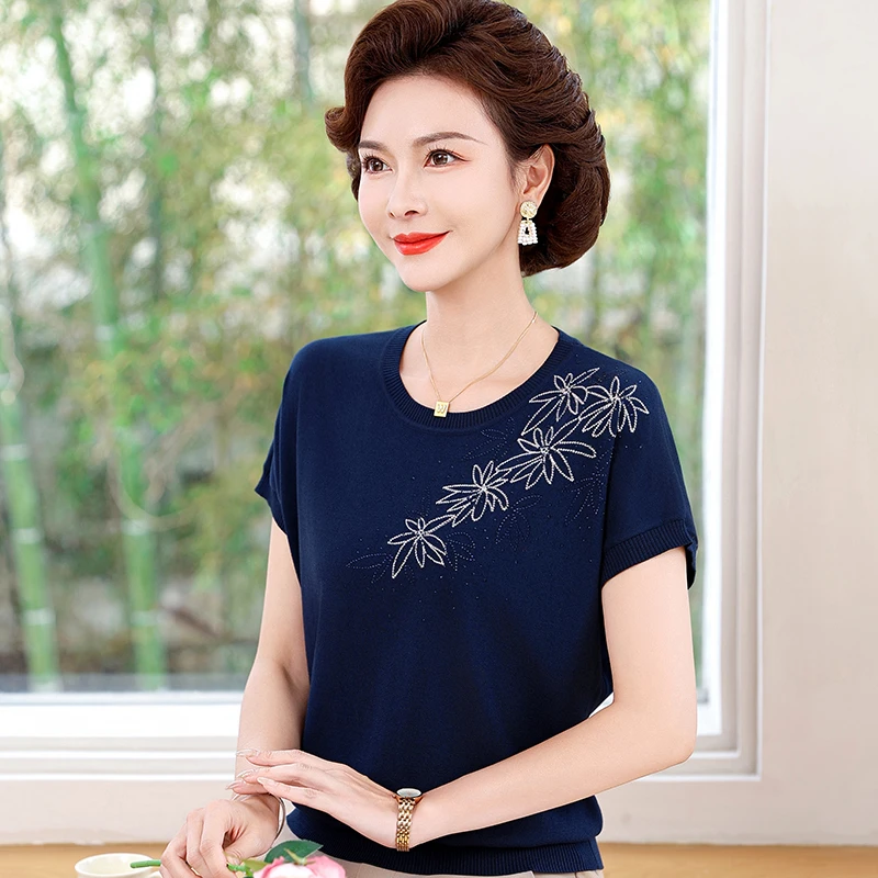 妈妈装新款夏季针织短袖纯色烫钻时尚百搭减龄上衣50-60中老年衫