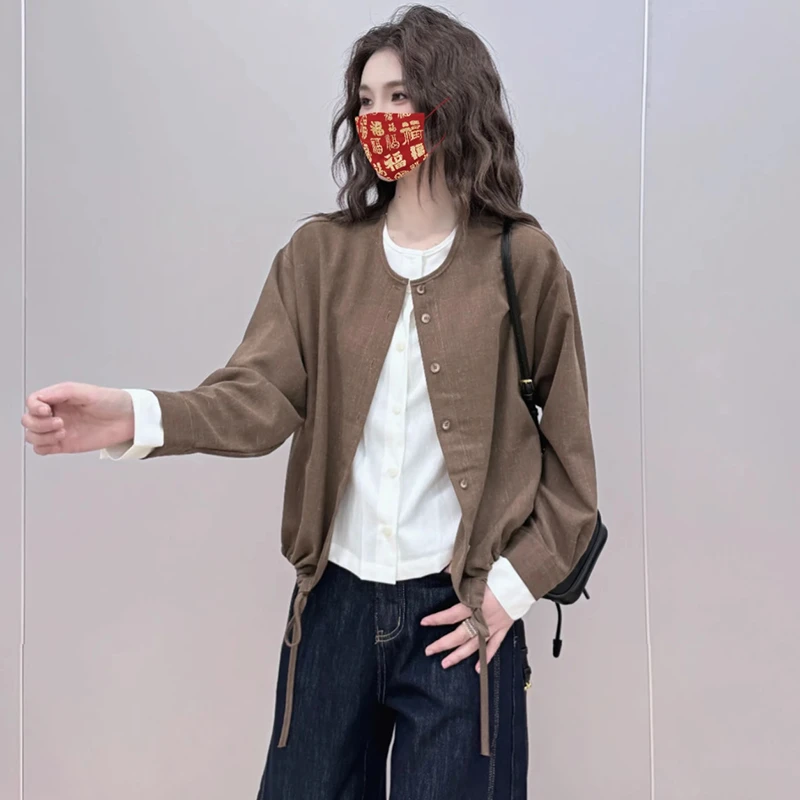 休闲潮流假两件圆领长袖衬衫女2025春季时尚下摆抽绳百搭开衫上衣