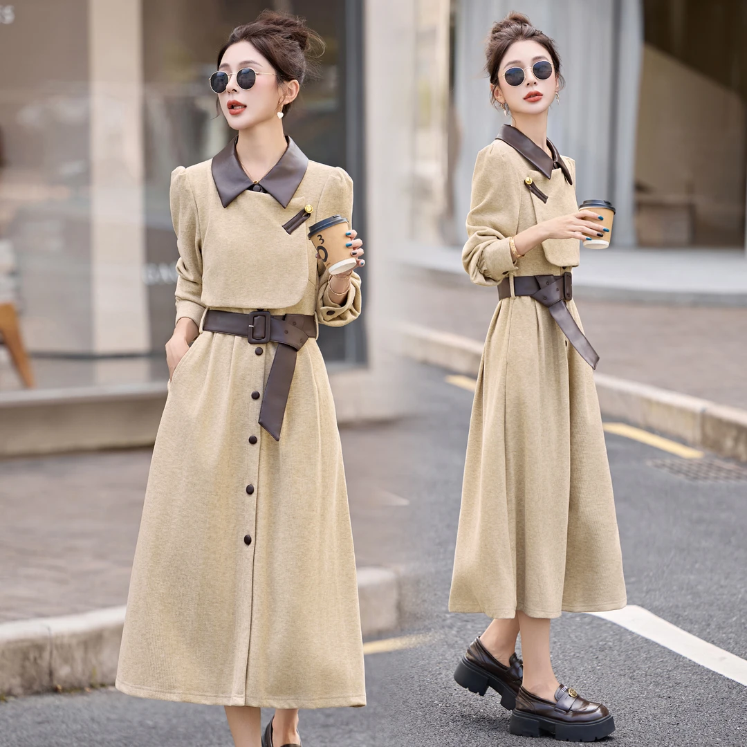 中长裙长裙套头长袖翻领2025气质休闲连衣裙显瘦复古英伦风流苏女