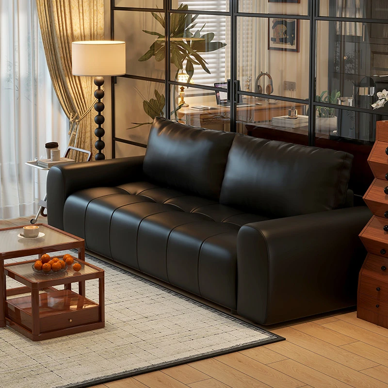 高档复古风小户型皮艺沙发客厅意式极简款直排双三人黑色棕色皮质