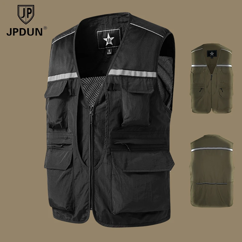 JPDUN夏季薄款透气马甲男士工装多口袋反光背心钓鱼登山摄影马夹