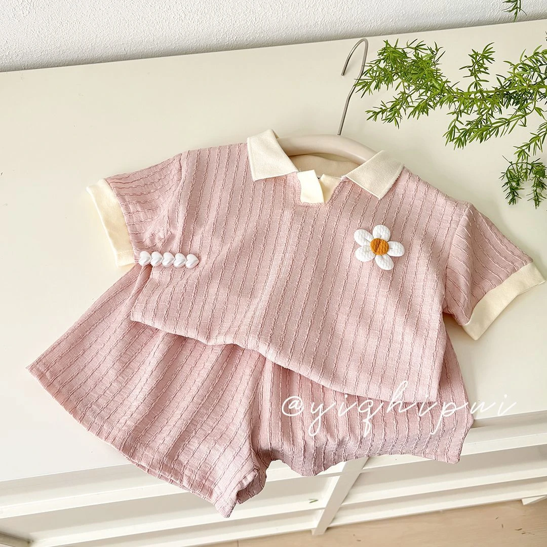 新款夏季女童套装Polo领包边短袖短裤甜美女宝宝两件套打底衫