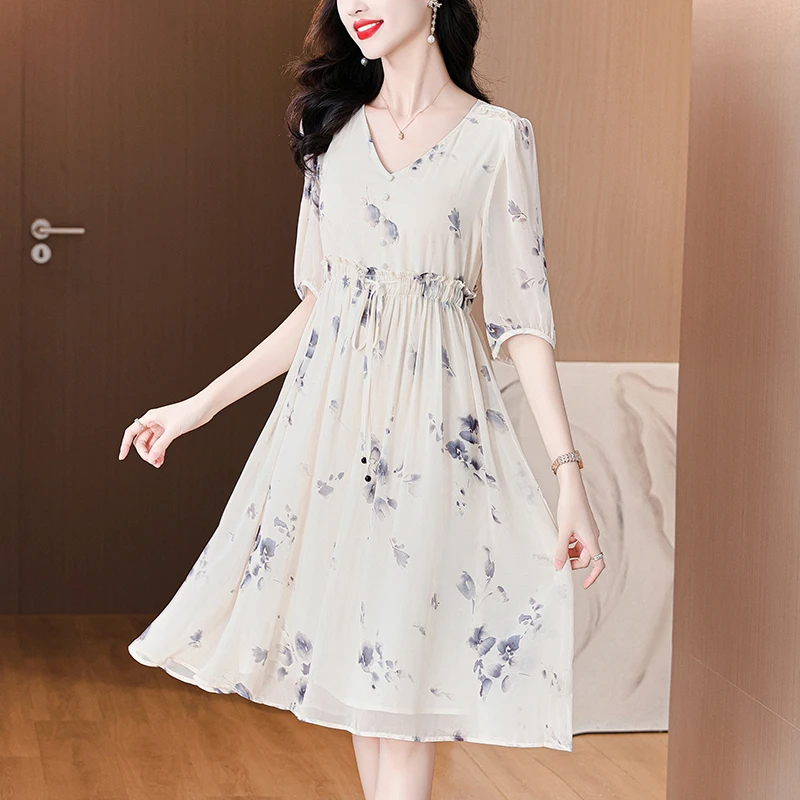 （水墨丹青）蚕 丝 V领2025年扎染印花显瘦高腰连衣裙