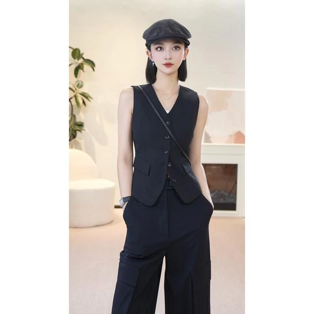 哥弟夏季薄款新款简约老钱风无袖马甲女百搭外穿外套黑色1400572