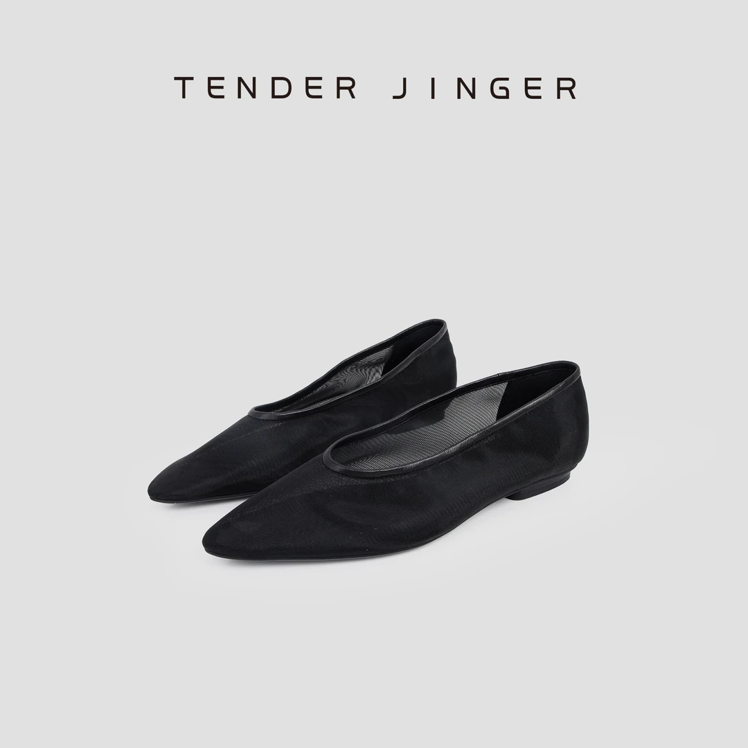 Tender Jinger时尚百搭舒适2025年春季新款网纱尖头浅口平底单鞋