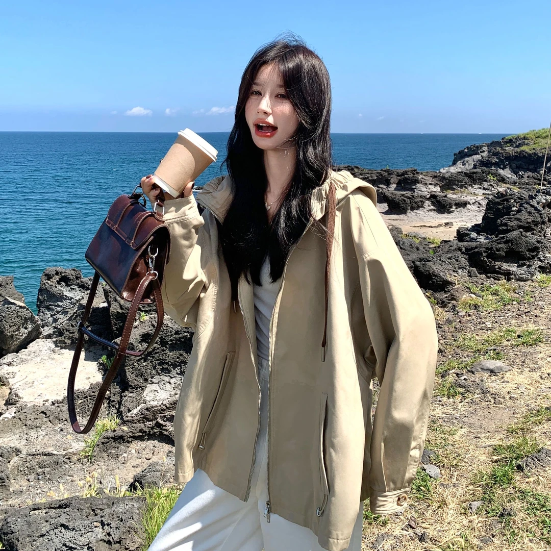 韩系小众设计感抽绳连帽风衣女2025秋季新款时尚减龄显瘦休闲外套