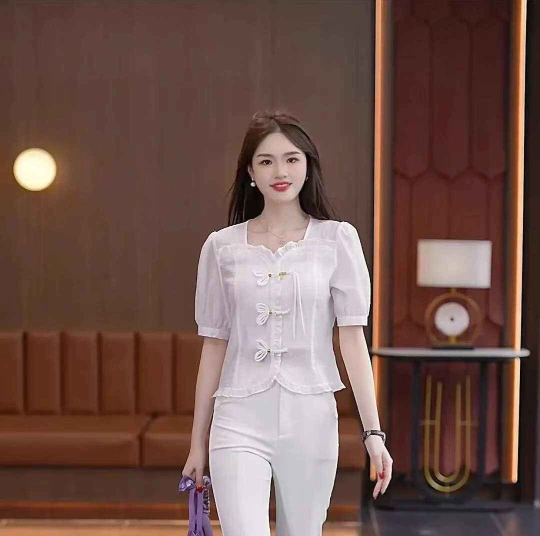 【素境】6205夏季盘扣修身休闲感新款短袖气质洋气短款国风上衣女