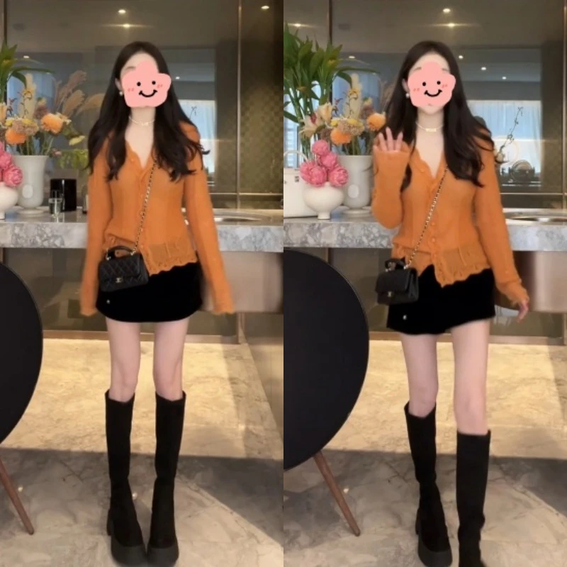 法式蕾丝花边针织针织开衫+高腰显瘦A字半身裤裙LK2506767