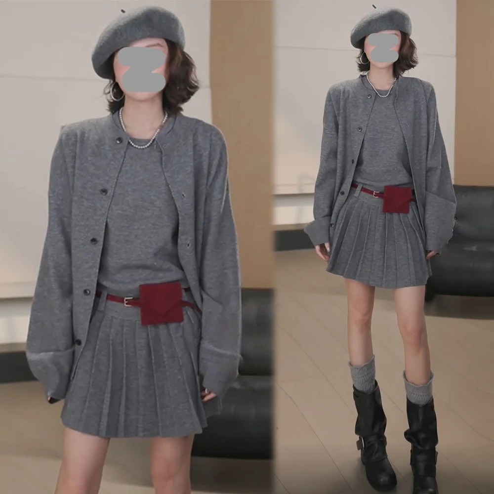 裙子秋季气质新款套装女针织套装背心百褶连衣裙开衫套装显瘦灰色