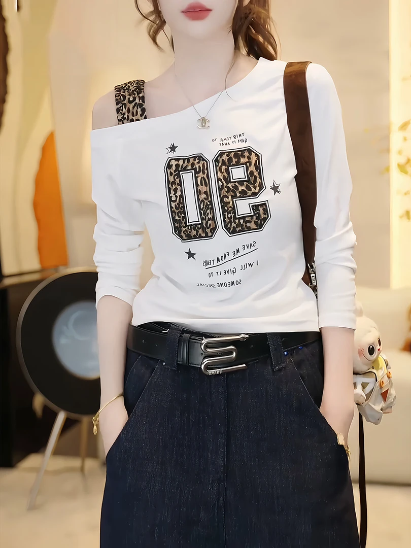 2025年早秋新款韩版豹纹拼接露肩长袖字母印花t恤女洋气百搭上衣