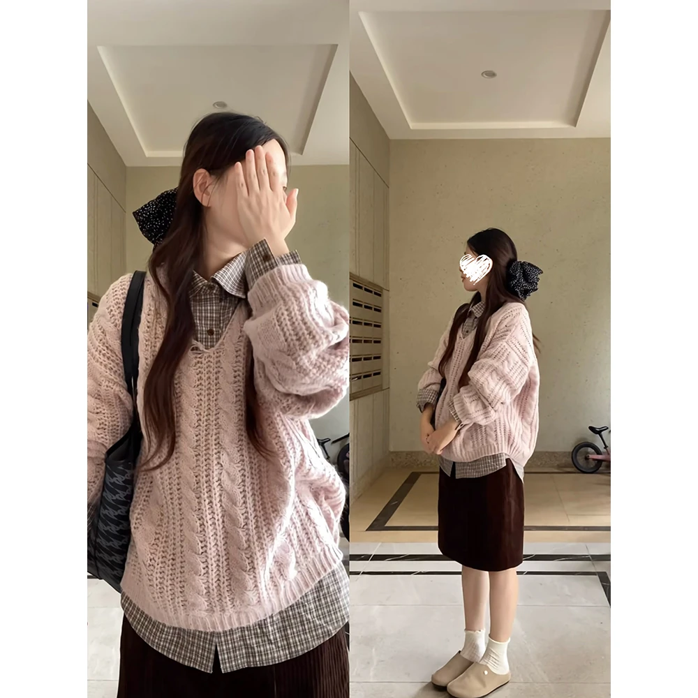 韩系V领麻花针织衫毛衣+复古格子衬衫+灯芯绒半身裙女套装 60806